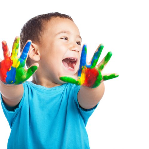 cheerful child with painted hands on white background cheerful child with painted hands on white background